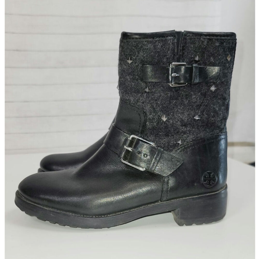 TORY BURCH CHRYSTIE GRAY WOOL STUD EMBELLISHED ANKLE BOOTS, SZ 6.5
